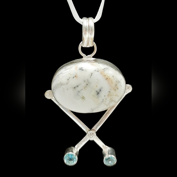 925 Sterling Silver Blue Topaz and Dendrite Agate Pendant Necklace - Picture 3 of 8
